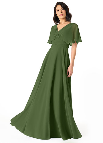 Azazie Pamela Bridesmaid Dresses Olive A-Line V-Neck Pleated Chiffon Dress image1