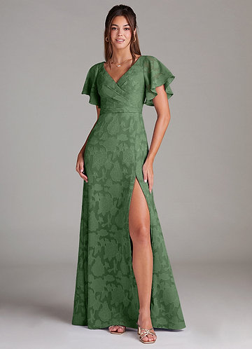 Azazie Ambrosia Bridesmaid Dresses Eucalyptus A-Line Pleated Floral Burnout Dress image1