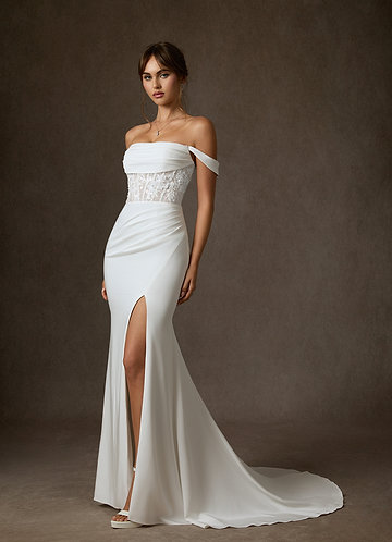 Azazie Alyce Bröllopsklänningar Klä av Sjöjungfru i Crepe baksida satin Av axeln Diamantvit image1