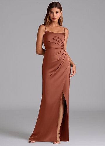 Azazie Calandra Brudtärneklänningar Klä av A-Linje i Stretch Satin Plisserad Kastanjebrunt image1