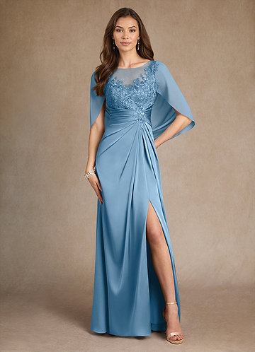 Azazie Hera Mother of the Brides Dresses Steel Blue A-Line Lace Stretch Satin Dress image1