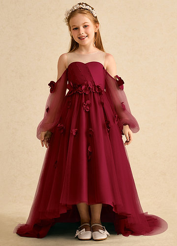 Azazie Karrie Flower Girl Dresses Burgundy A-Line with Sleeves Tulle Dress image1