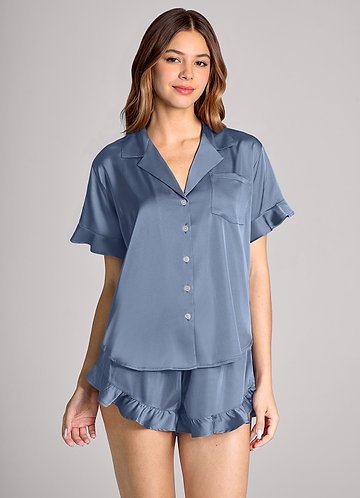 front Matching Color Ruffled Satin Short Sleeve Pajama Set