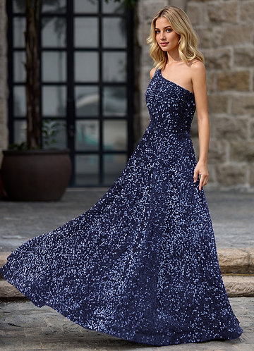 Opulent Navy Velvet Sequins Prom Dress image1