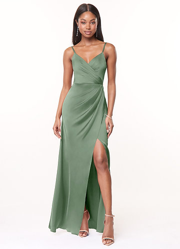Azazie Maci Bridesmaid Dresses Matcha A-Line V-Neck Pleated Stretch Satin Dress image1