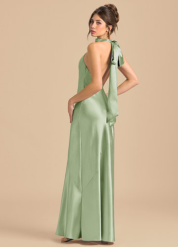 high neck olive green dress Olive Satin High Neck Wrap Skirt Midi Dress main image 1