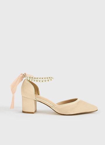 front Satin Pearl and Bow Pointed Toe Block Heels