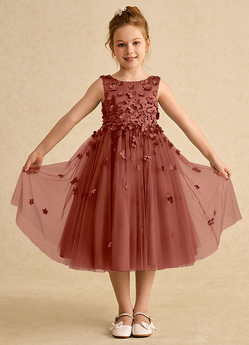 Azazie Lana Flower Girl Dresses Vestido Castanho Aloirado de Cetim fosco de Linha A com Sem mangas image1