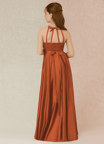 Azazie Arianthe Junior Vestido Canela de Cetim elástico de Linha A com com bolsos image1