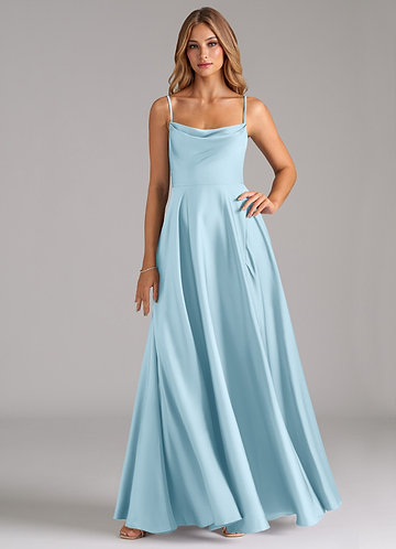 Azazie Elle Vestidos Dama de Honor Vestido de Azul Cielo de Satén Elástico de Corte en A con Plisado image1