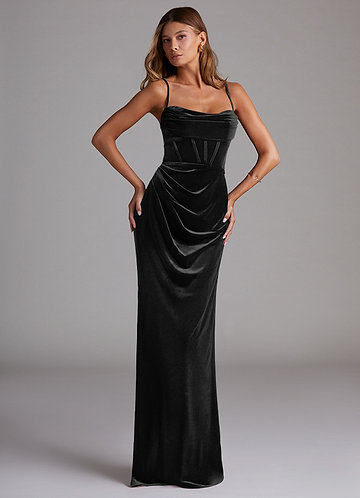 Azazie Mai Bridesmaid Dresses Black Sheath Sweetheart Neckline Velvet Dress image1