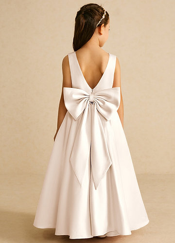 Azazie Pipsy Flower Girl Dresses White Alabaster A-Line Bow Matte Satin Dress image1