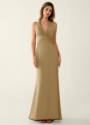 Clio Champagne Satin V-neck Mermaid Prom Dress image1