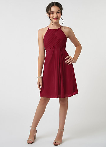 Azazie Ginny Junior Burgundy A-Line Pleated Chiffon Dress image1
