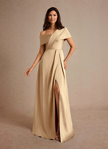 Azazie Milton Mother of the Brides Dresses Champagne A-Line Pleated Stretch Satin Dress image1