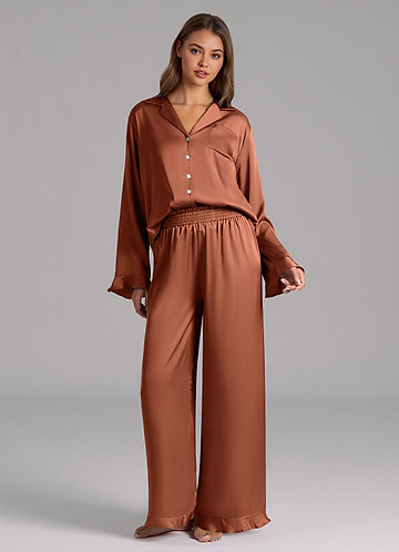 front Matching Color Ruffled Satin Long Sleeve Pajama Set