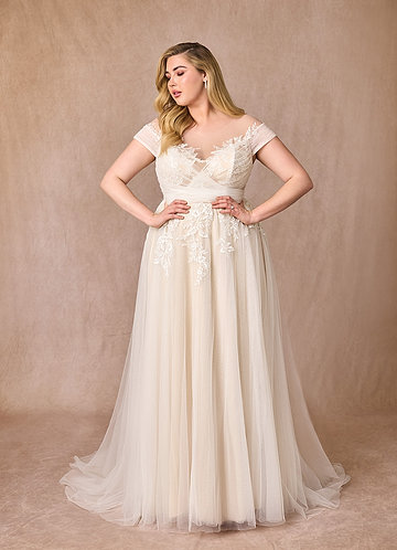 Azazie Cindy Wedding Dresses Diamond White Champagne A-Line Illusion Off-The-Shouler Lace Tulle Dress image1