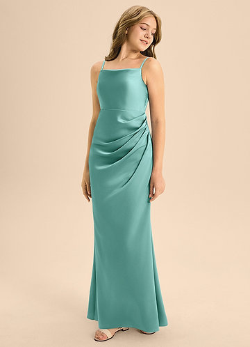 Azazie Renna Junior Vestido de Aqua de Satén Elástico de Corte En A con Plisado image1