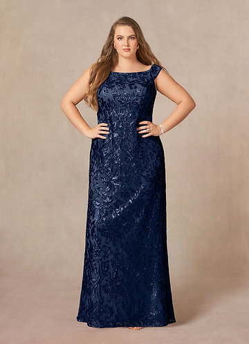 Azazie Porcelain Mother of the Brides Dresses Dark Navy A-Line Off the Shoulder Lace Dress image1