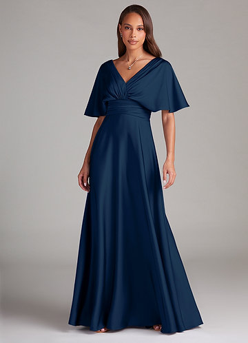Azazie Pamela Robes Demoiselle d'honneur Robe Trapèze en Satin extensible Plissée Bleu Marine Foncé image1