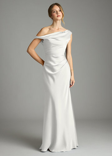 Azazie Emerson Bridesmaid Dresses Vestido Branco de Cetim elástico de sereia com Fora do ombro image1