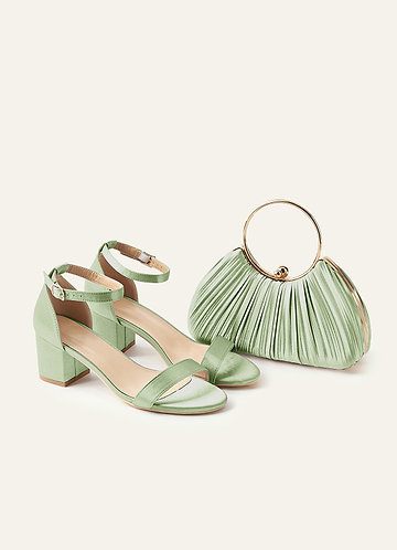 front Matching Color Metallic Satin Block Low Heel Sandals & Pleated Handbag Set