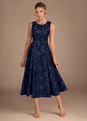 navy blue dress for baby girl Mother of The Bride Dress A-Line Tea Length Satin V-Neck Pleated 2026 Formal Gown COCOMELODY CM0081, Tawny main image 1