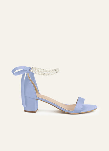 front Matching Color Matte Satin Pearl and Bow Open Toe Chunky Heel Sandals