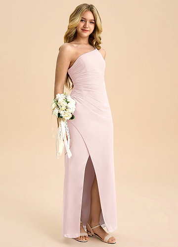 Azazie Eren Junior Vestido Rosa Corado de Chiffon de Linha A com Plissado image1