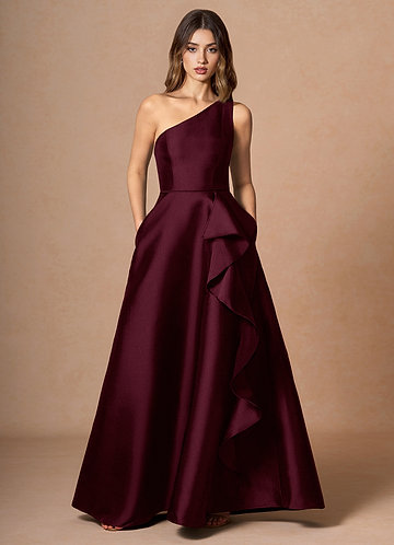 burgundy black tie dress Lady - Charlize Gown - Draped Satin Evening Luxurious floral lace with sequin embellishments throughout Fit Women's Burgundy Formal Dresses &
