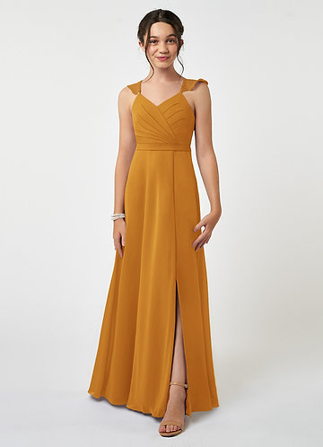 Azazie Emily Junior Robe Trapèze en Mousseline de soie Rayé Caramel écossais image1