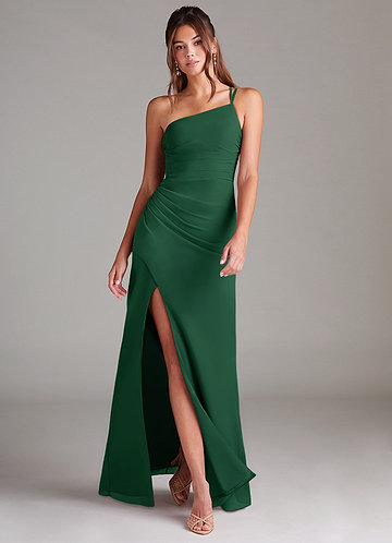 Azazie Eren Vestidos Dama de Honor Vestido de Verde Oscuro de Gasa de Corte Recto con Hombro unilateral image1