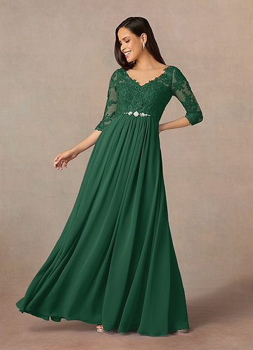 Azazie Hayek Mother of the Bride Dresses Dark Green A-Line V-Neck Lace Chiffon Dress image1