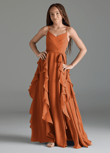 Azazie Peyton Junior Vestido Canela de Chiffon de Linha A com Plissado image1