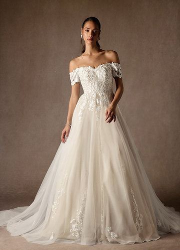Azazie Rowe Wedding Dresses Diamond White Champagne Ball-Gown Off the Shoulder Tulle Dress image1 0