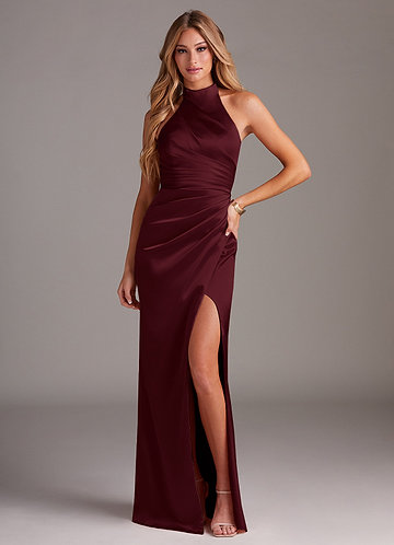 Azazie Jemma Bridesmaid Dresses Cabernet Sheath Pleated Stretch Satin Dress image1