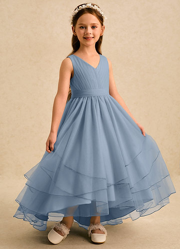 Azazie Seraphina Blomsterpigekjoler A-Line Plisseret Tulle Te-længde Kjole image1