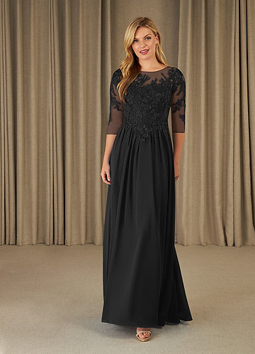 Azazie Mirielle Vestidos de Madre de la Novia Vestido de Negro de Gasa de Corte En A con Encaje Scoop image1