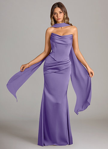 open lace back dress Purple Satin A-line Long Prom Dresses With Slit, MP910 main image 0
