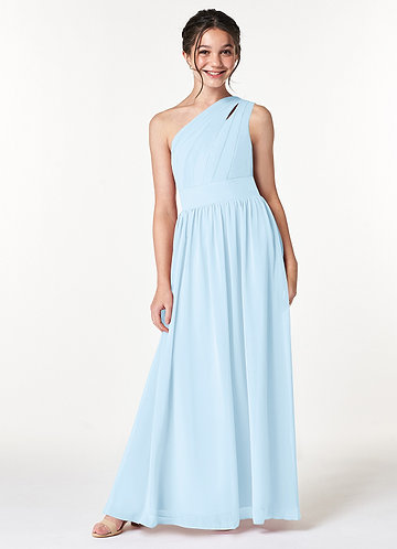 Azazie Molly Junior Vestido Céu Azul de Chiffon de Linha A com Plissado image1