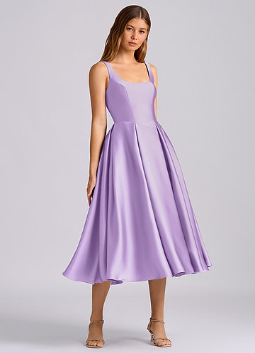 fitted lace wedding dress High Neck Tea-Length Purple Satin Homecoming Dress with Appliques US8 / Custom Color main image 0