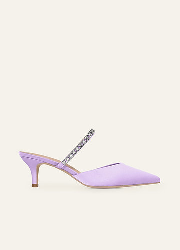 front Matching Color Stretch Satin Rhinestone Slip-on Kitten Heels