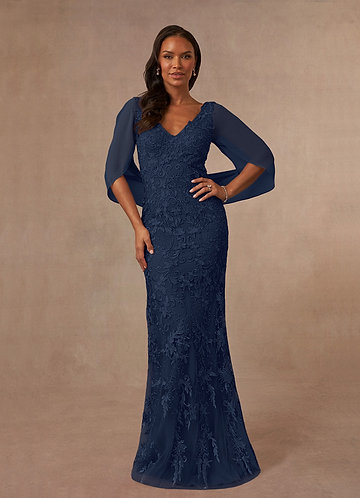 Azazie Ferris Mother of the Brides Dresses Dark Navy Sheath V-Neck Chiffon Dress image1