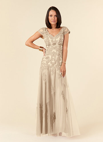 Azazie Romy Mother of the Brides Dresses Champagne Mermaid V-Neck Sequins Tulle Dress image1