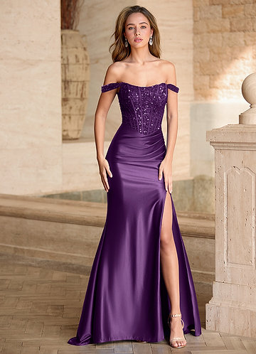 Valeria Purple Velvet Sequins Corset Satin Prom Dress image1
