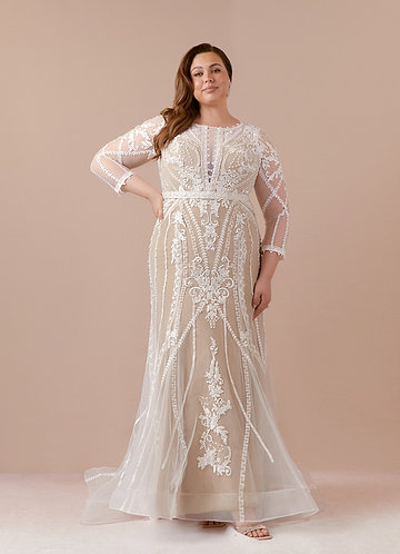 Azazie Yoki Wedding Dresses Diamond White Nude Mermaid Scoop Tulle Dress image1