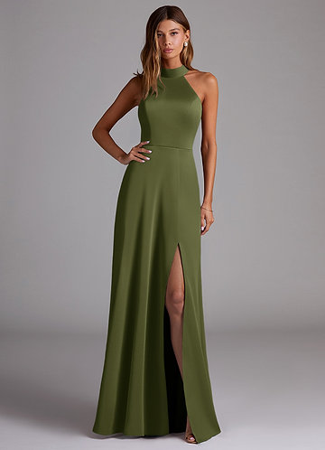 Azazie Myra Vestidos de Dama de Honor Vestido Oliva de Cetim elástico de Linha A com Pescoço alto image1