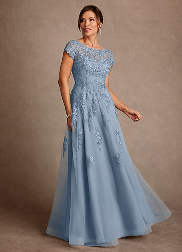 Azazie Jalinda Mother of the Brides Dresses Dusty Blue A-Line Lace Chiffon Dress image1