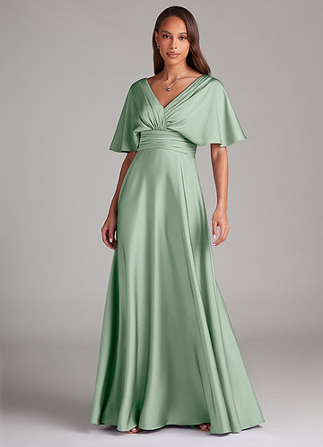 Azazie Pamela Robes Demoiselle d'honneur Robe Trapèze en Satin extensible Plissée Agave image1