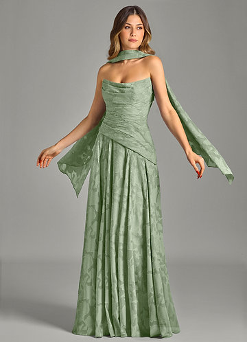 Azazie Gabriela Abiti da Damigella Abito A-Line in Burnout Floreale Senza Cinturino Verde Salvia image1